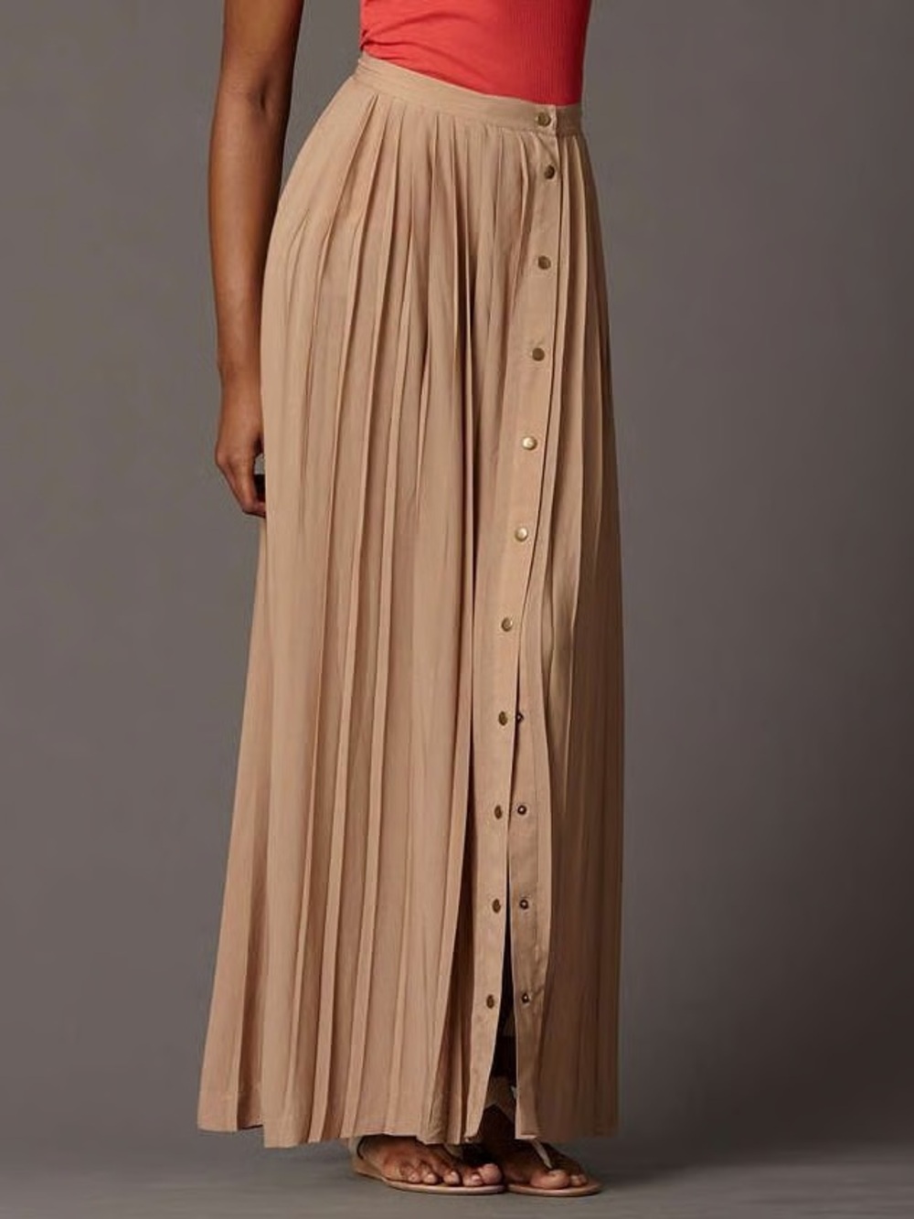Fossil Tan Button-Front Pleated Maxi Skirt size 6